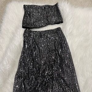Glam Date Night Disco Black Silver Sequin Tube Top Wide Leg Pant Set
